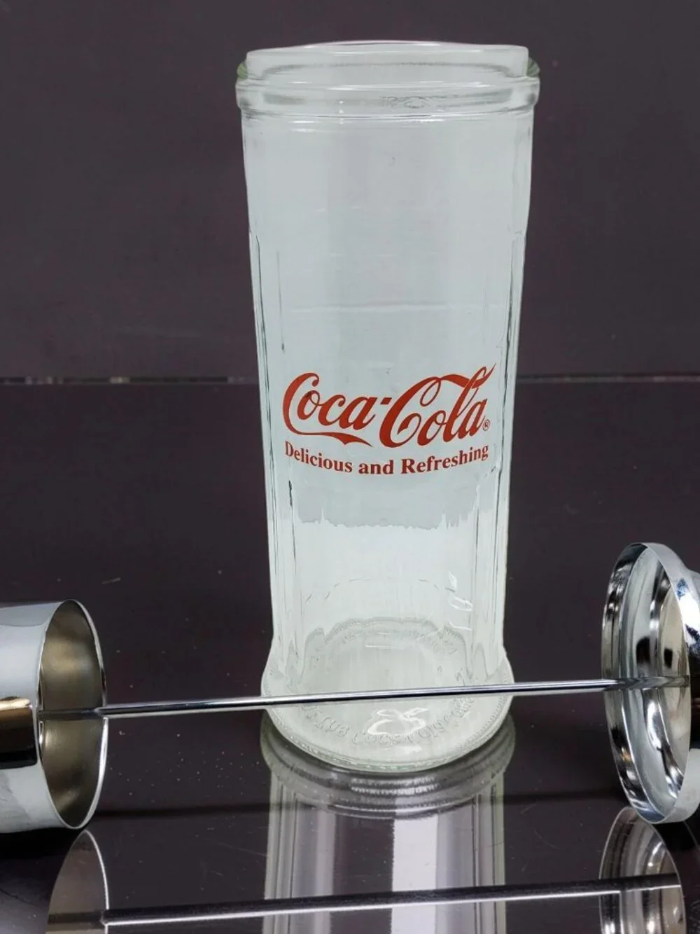 Vintage 1992 Coca-Cola Glass,Metal Lid Straw Dispenser Jar